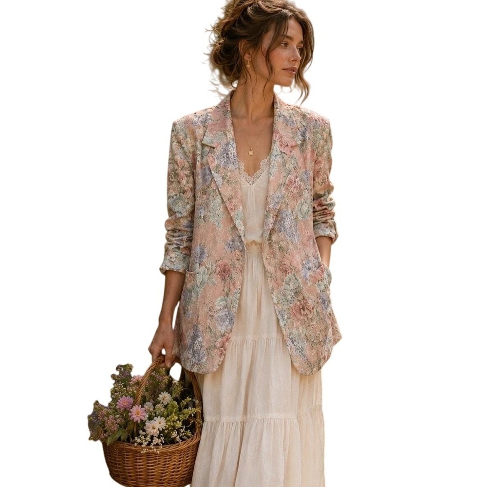 Vintage 90s Pastel Floral Blazer Jacket Romantic Cottagecore Fairy Size 14P USA